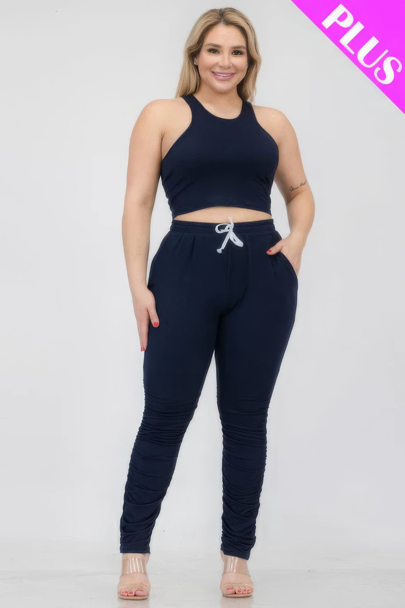 Plus Size Crop Tank Top & Ruched Pants Set