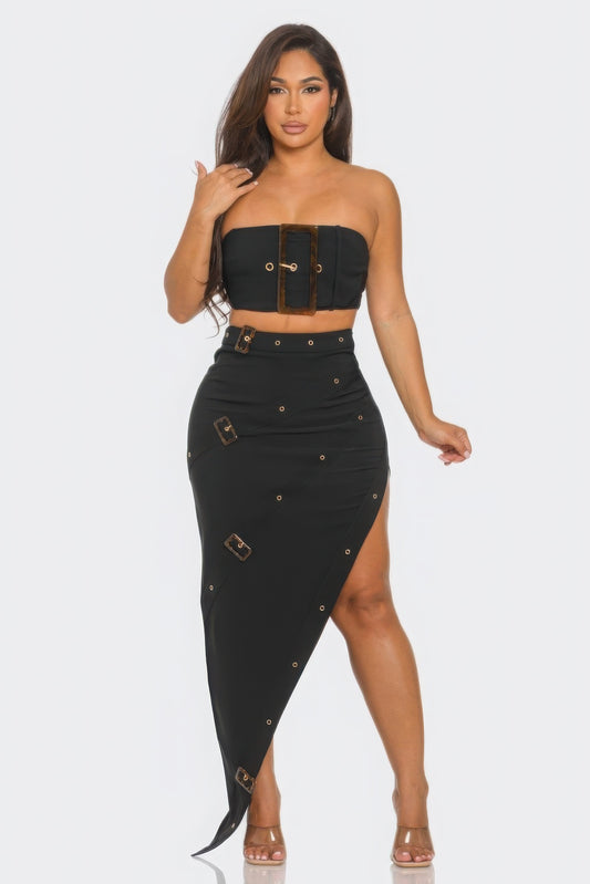 Front Eyelet Buckle Belt Top And Skirt Set